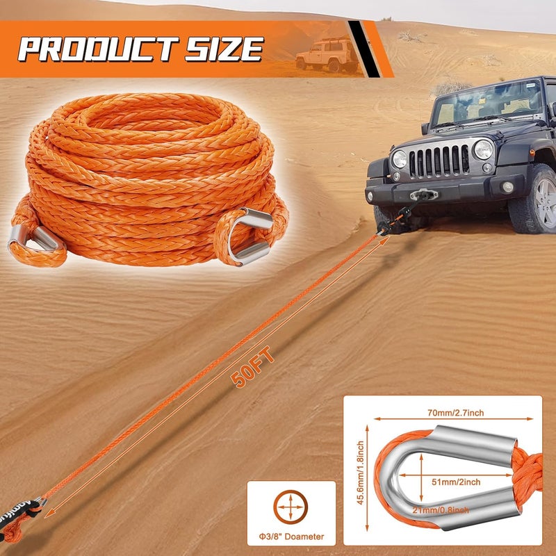 Aomifunny Synthetic Winch Rope Extension, 3/8Inch x 50Ft 26500 Lbs Winch Extension Cable Replacement Tow Ropes Line for Off Road Vehicle ATV UTV Truck SUV Jeep (Orange) - Image 3
